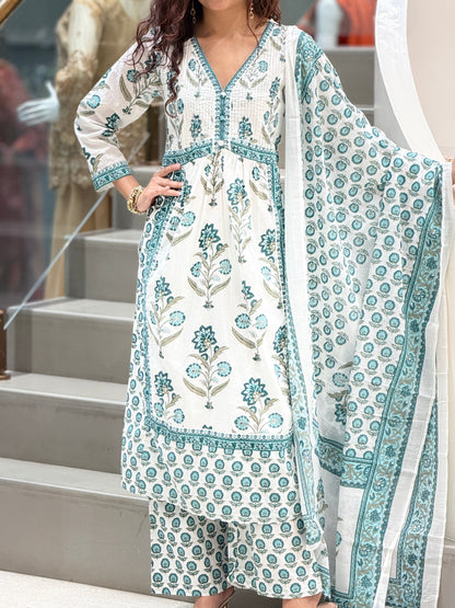 Floral Printed Cotton Suit Set with Dupatta