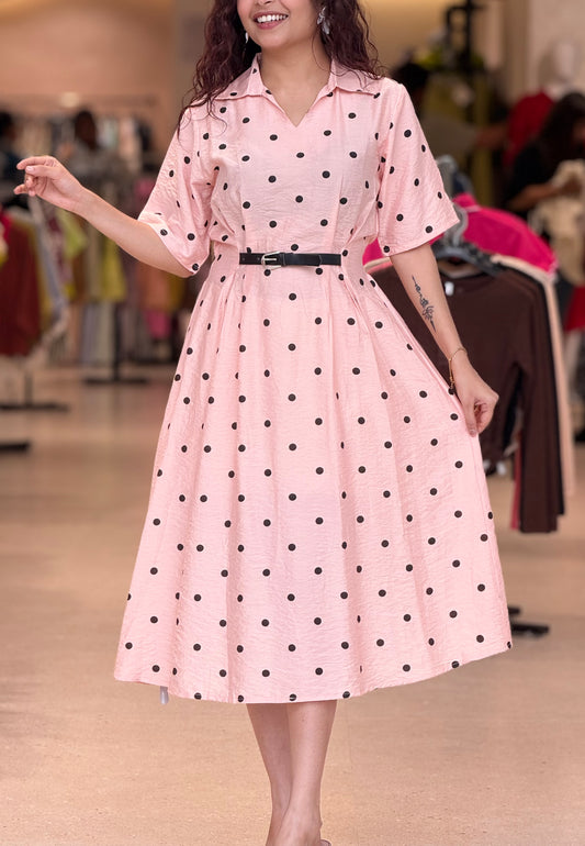 polka dot inbuilt belt one piece dress