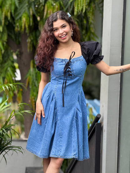 Denim Dress with Puff Sleeves