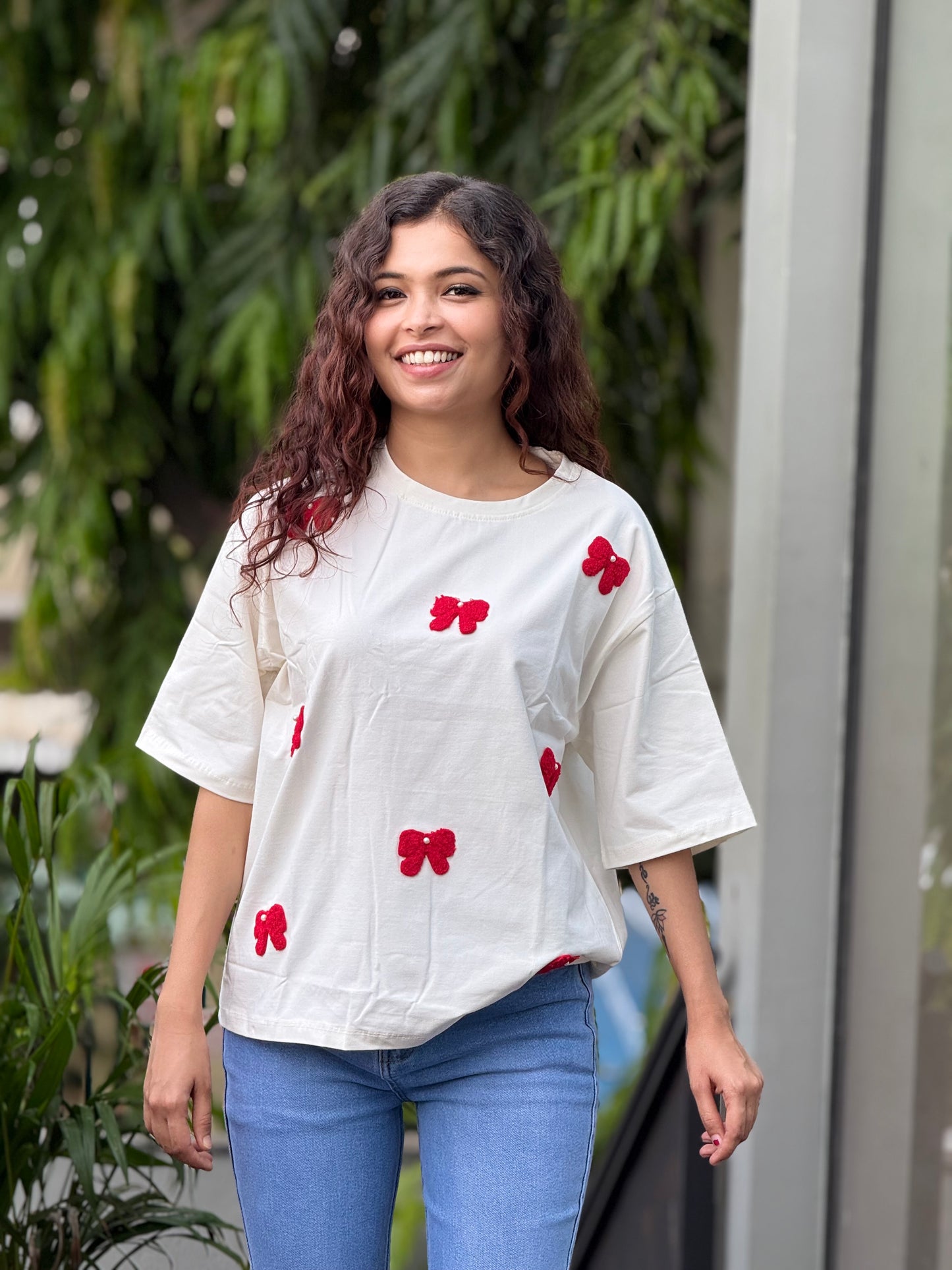 Bow fur detail partywear T-shirt