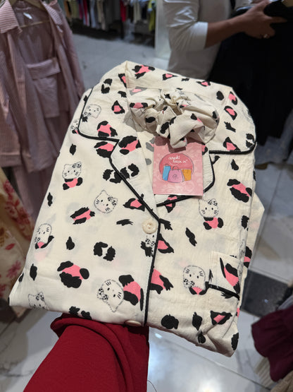 Cute Kitty Print 4-Piece Night Suit Set for Women | Scrunchie + Half Sleeve Shirt + Shorts + Pyjama | Soft & Comfortable Sleepwear