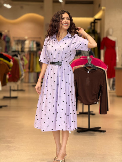 polka dot inbuilt belt one piece dress