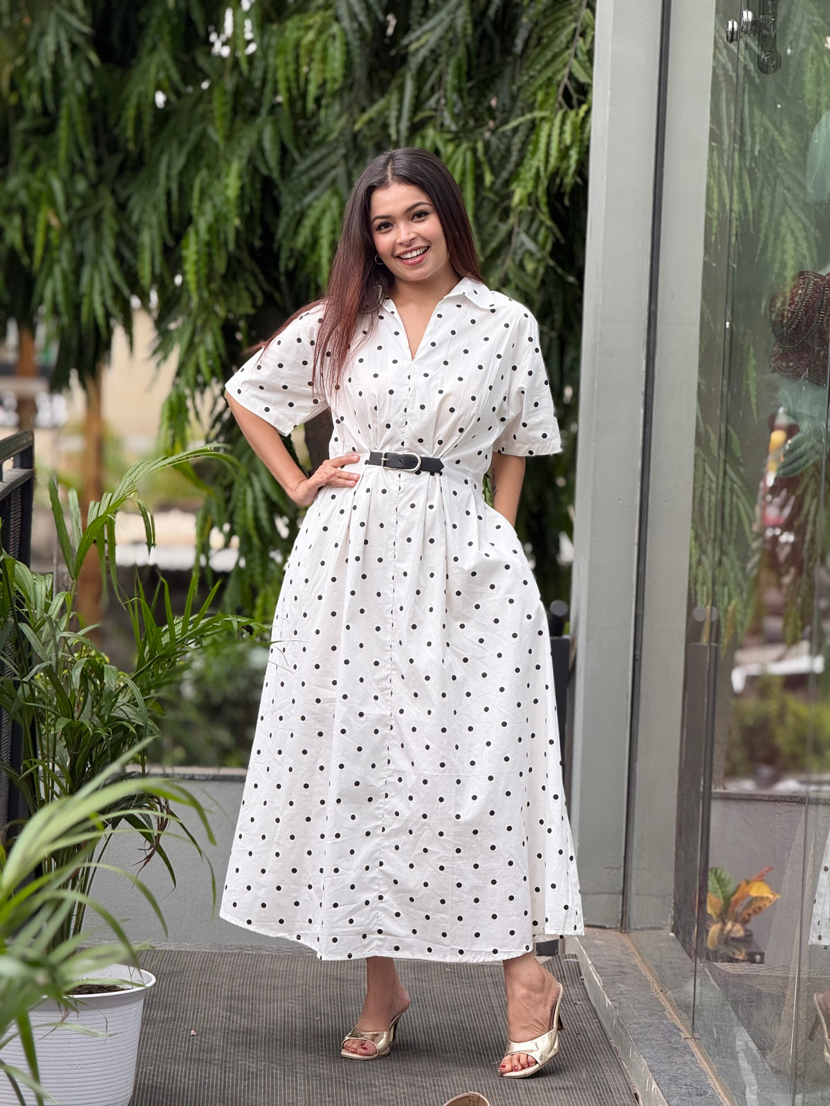 polka dot with inbuilt belt one piece dress
