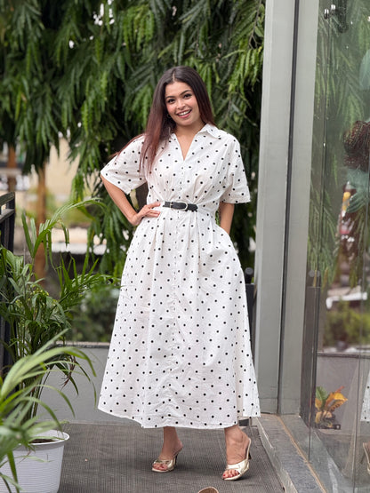 polka dot with inbuilt belt one piece dress