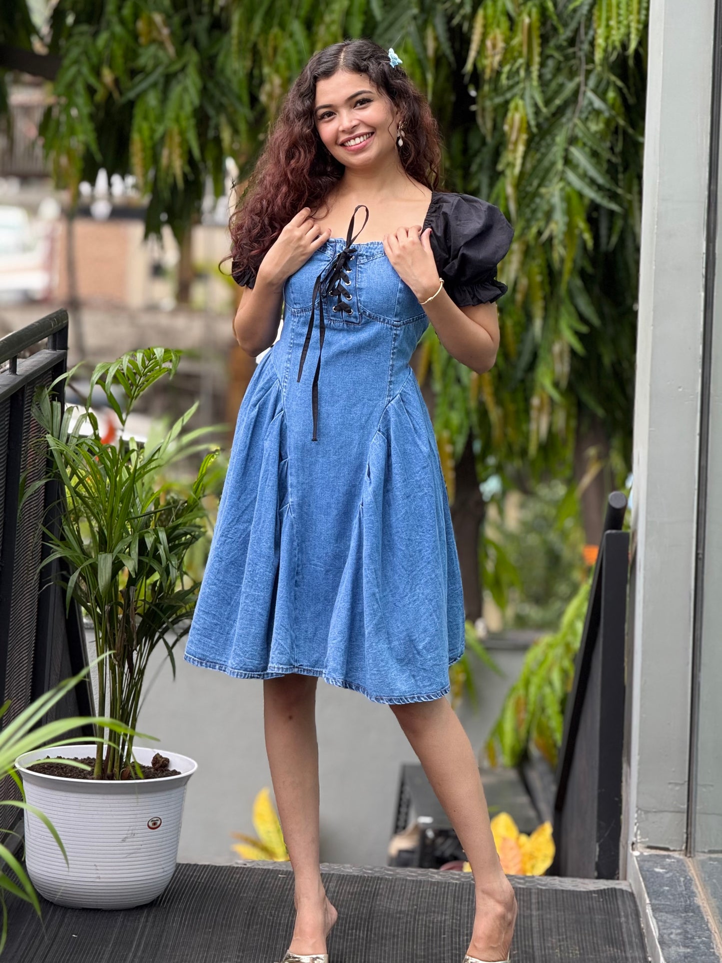 Denim Dress with Puff Sleeves
