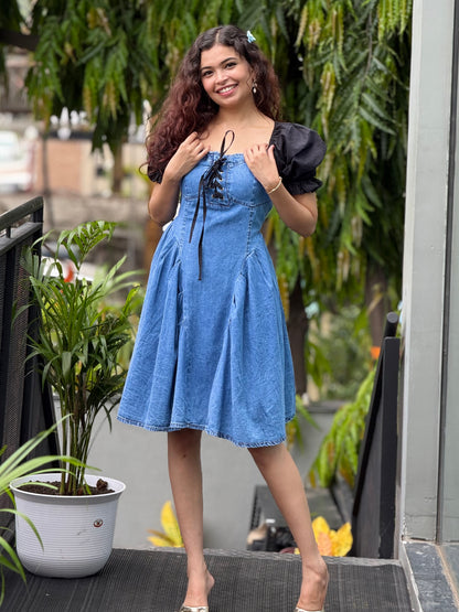 Denim Dress with Puff Sleeves