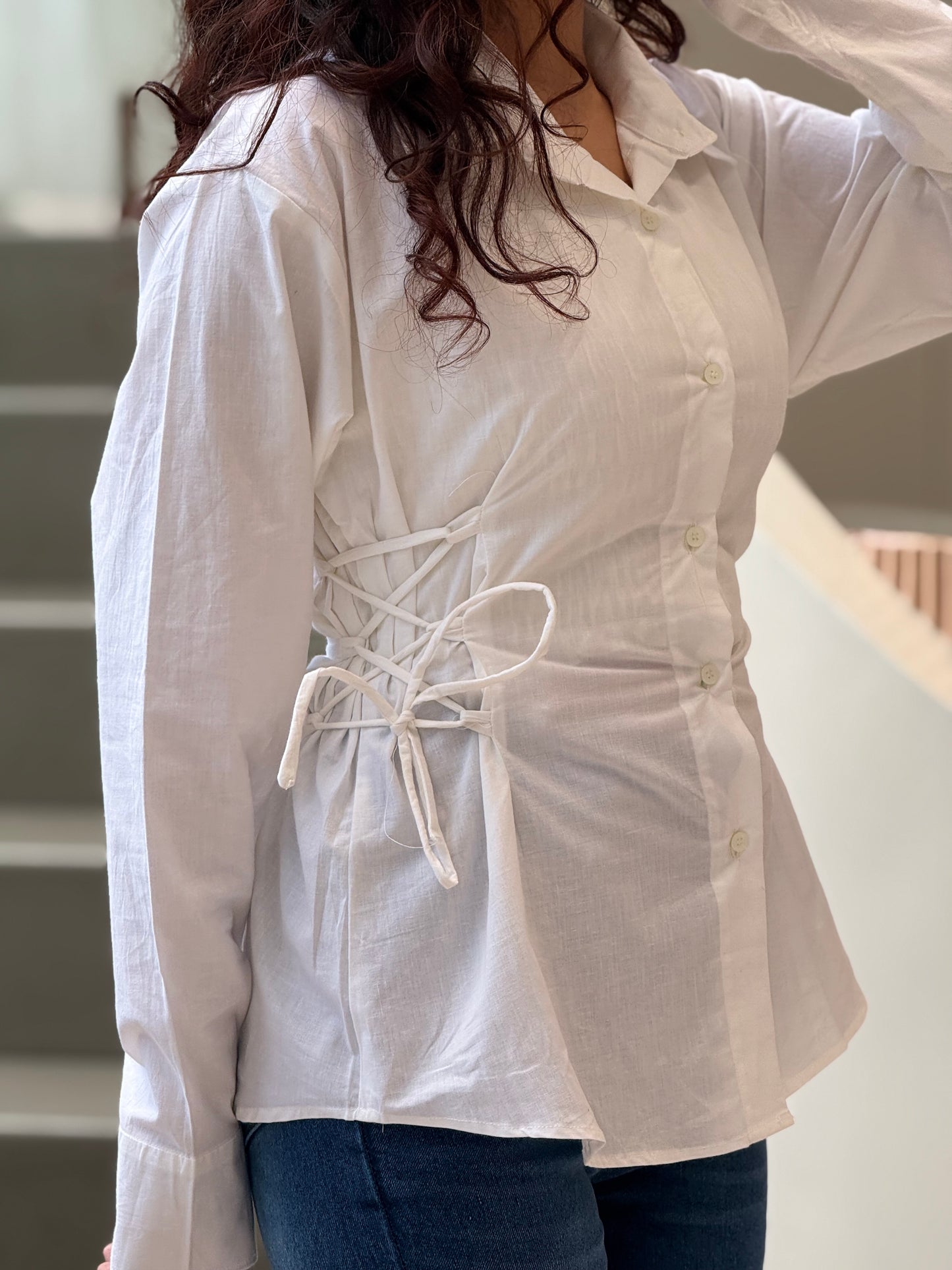 Women’s White Side Lace-Up Shirt | Adjustable Waist Shirt