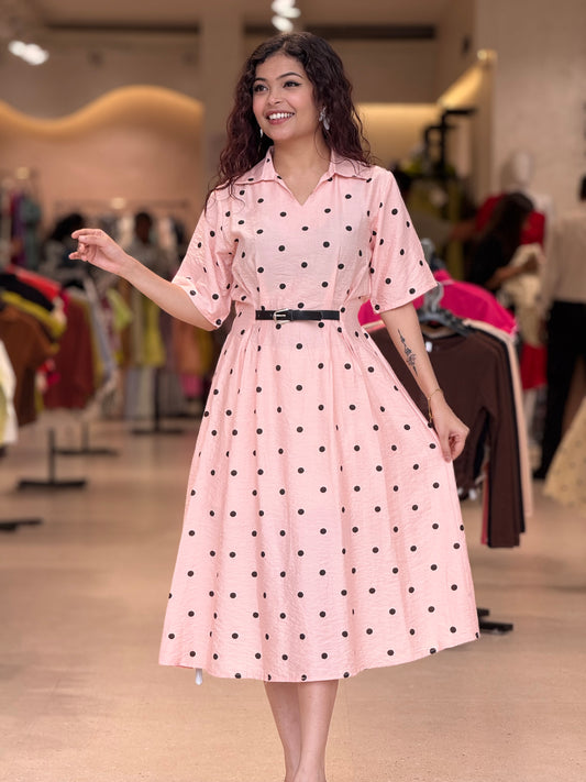 polka dot inbuilt belt one piece dress