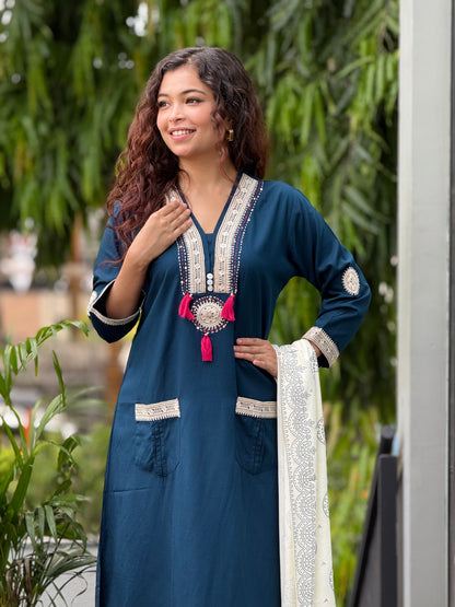 neckline work 3 piece kurta suit set