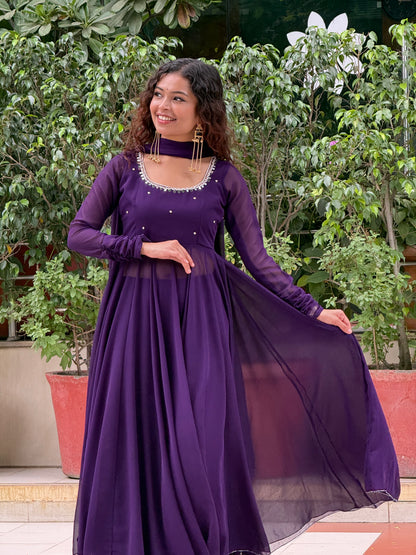 Royal Purple Georgette Anarkali Suit Set with Palazzo & Dupatta