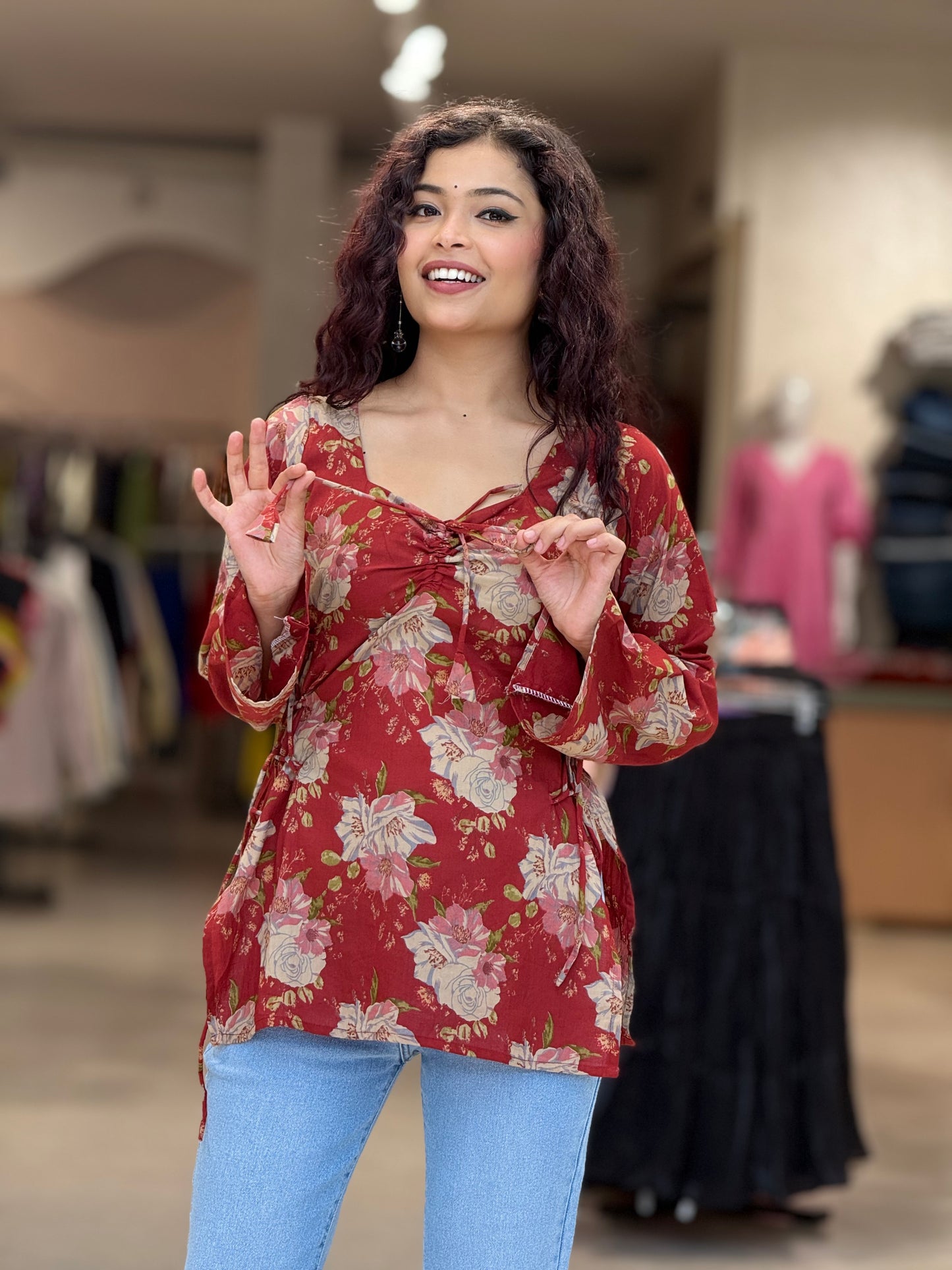 Maroon short kurti with front and side dori
