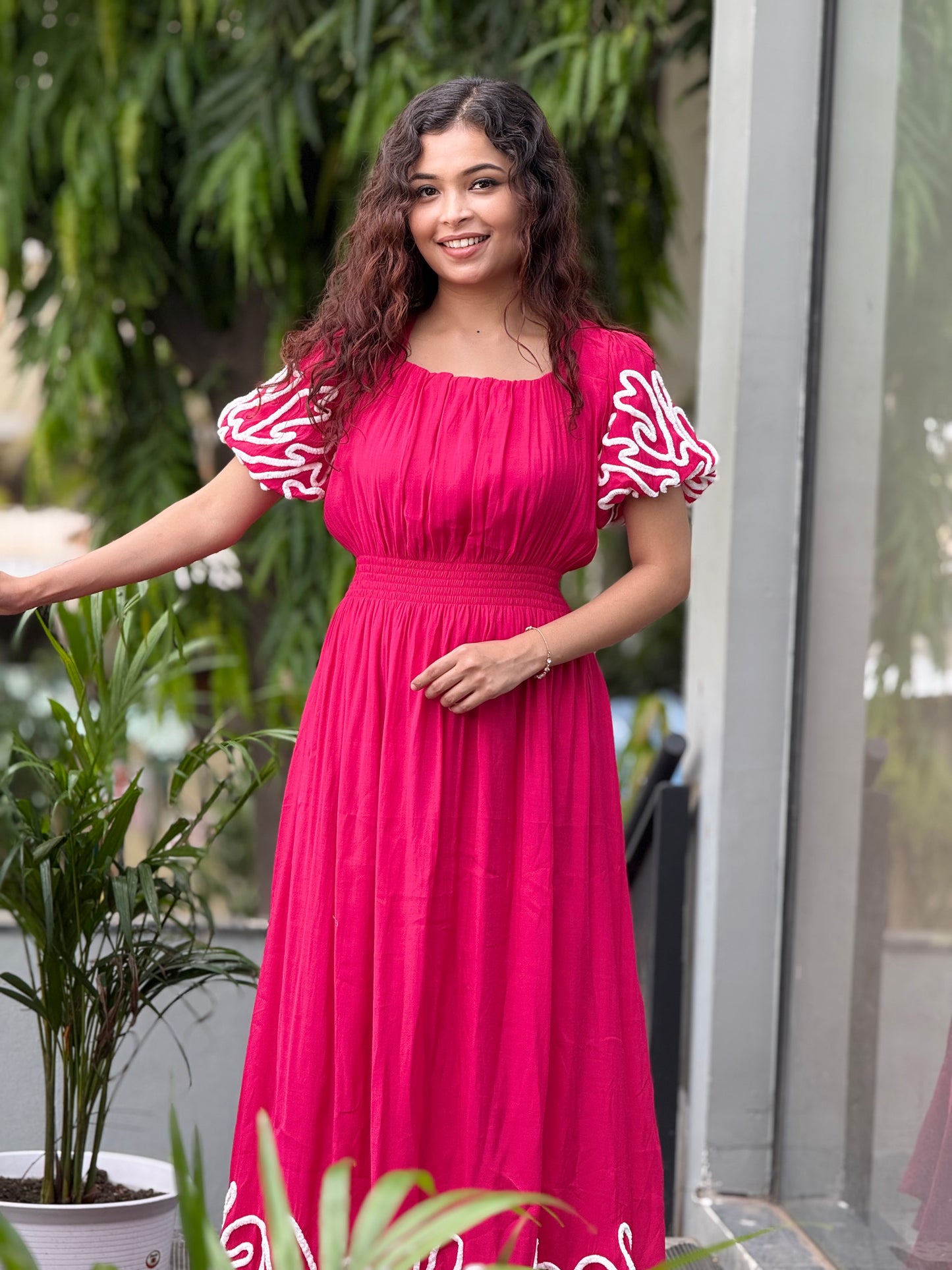 Puff sleeve thread embroidered full length dress