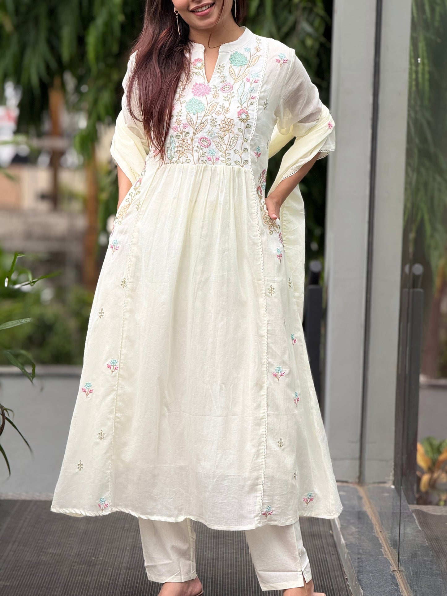 embroidered neck 3 piece cotton suit set