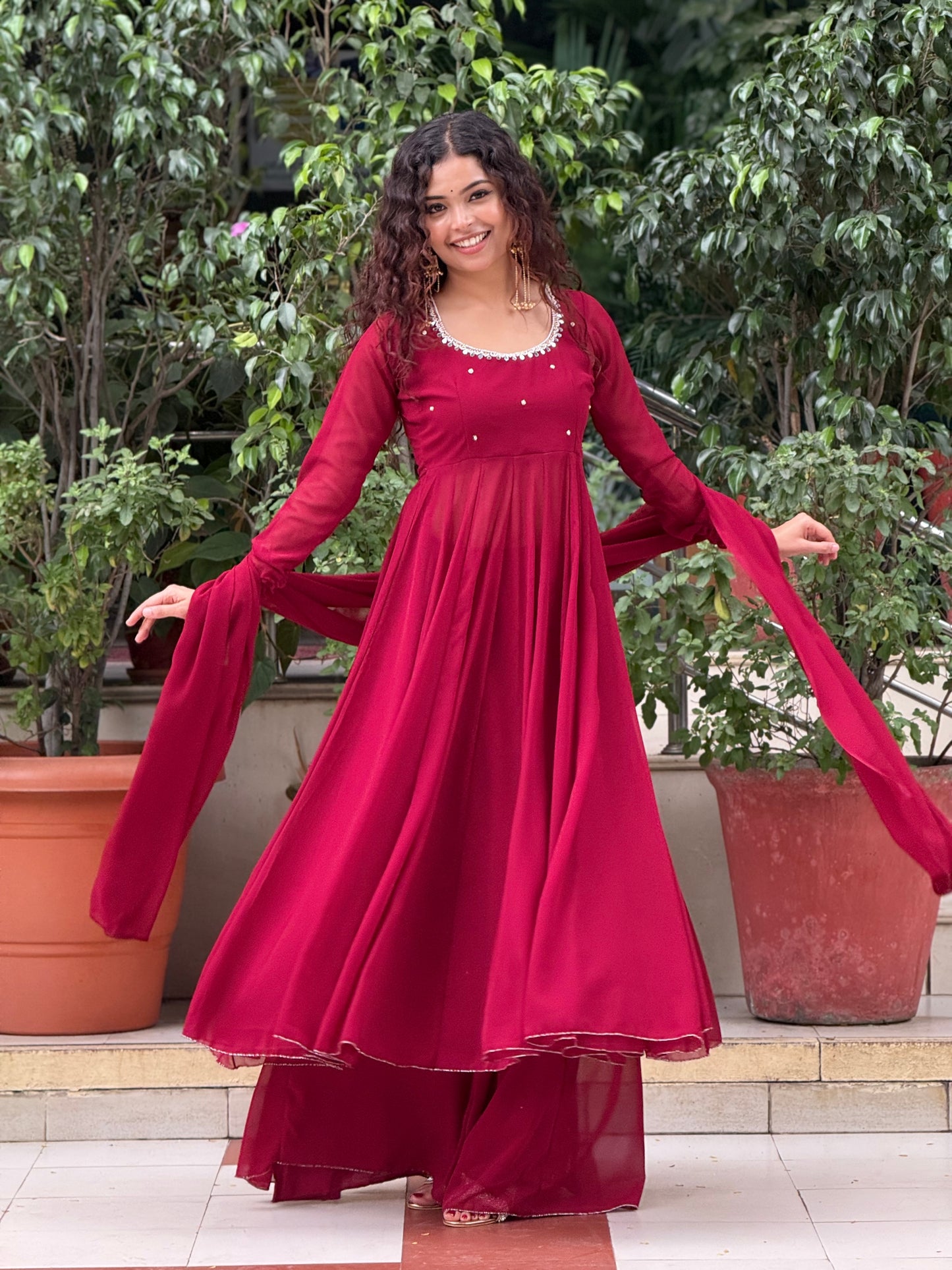 Ruby Red Georgette Anarkali Suit Set with Palazzo & Dupatta