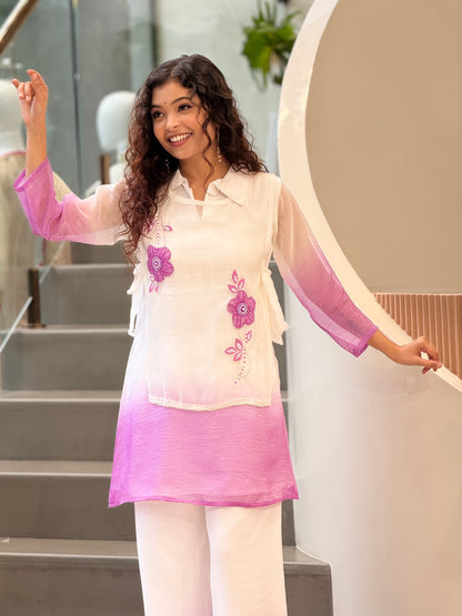White & Pink Ombre Embroidered Kurta Palazzo Set three piece set