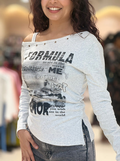 one side down shoulder full sleeve T-shirt