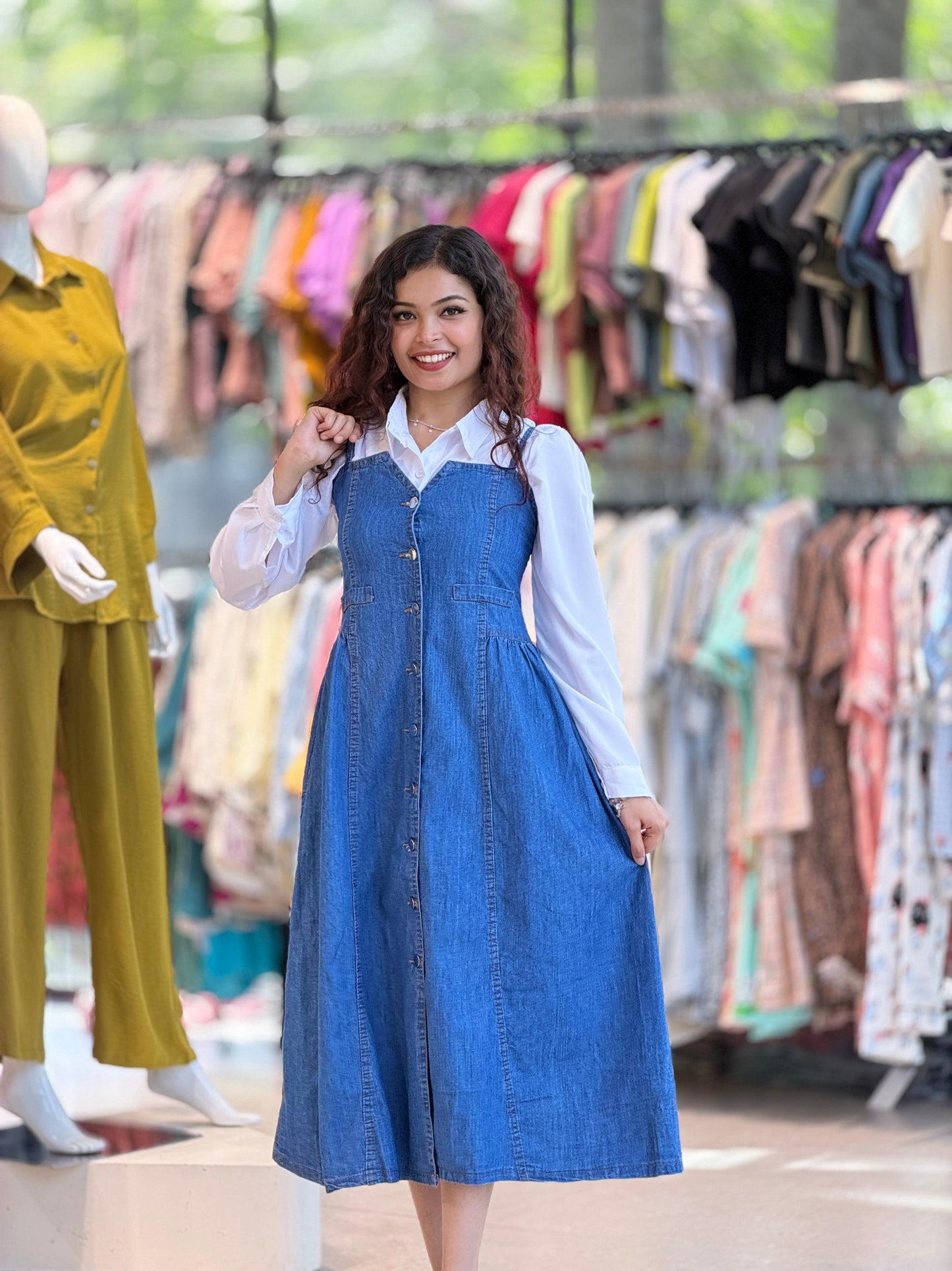 One piece denim dress with white shirt
