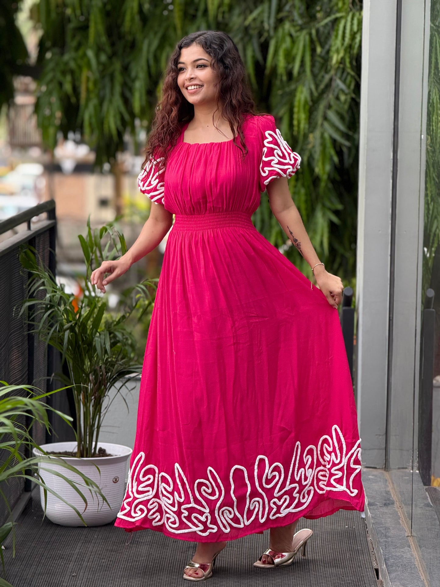 Puff sleeve thread embroidered full length dress