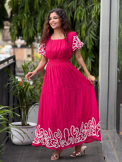 Puff sleeve thread embroidered full length dress