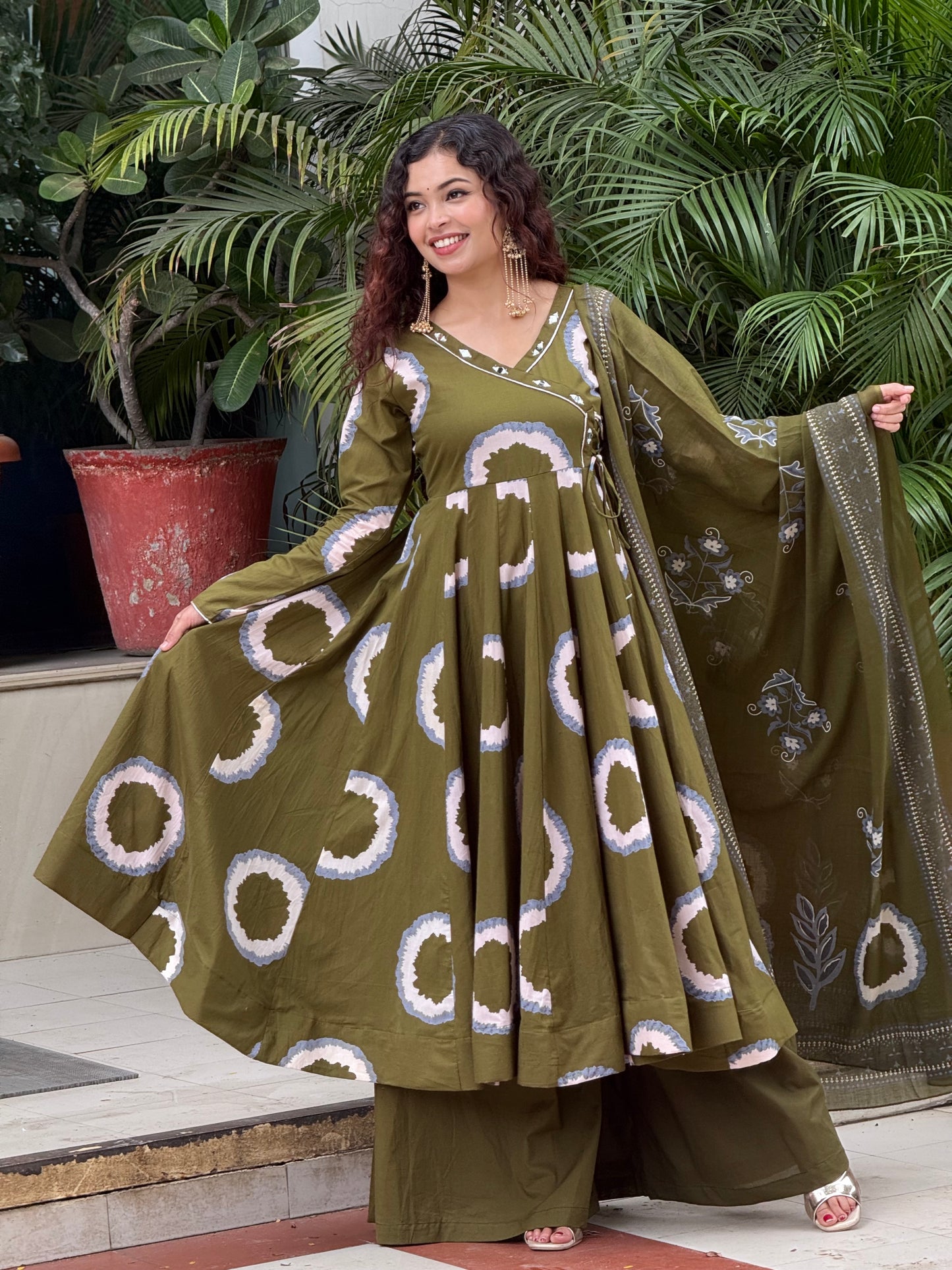 Olive Green Printed Anarkali Kurta Set with Palazzo & Dupatta