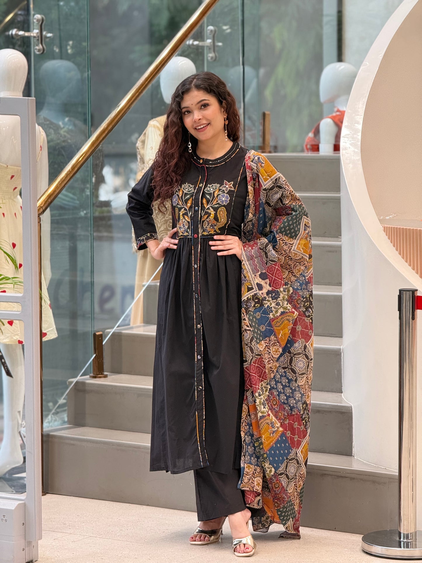 Midnight Black cotton Embroidered Kurta Set with Printed Dupatta
