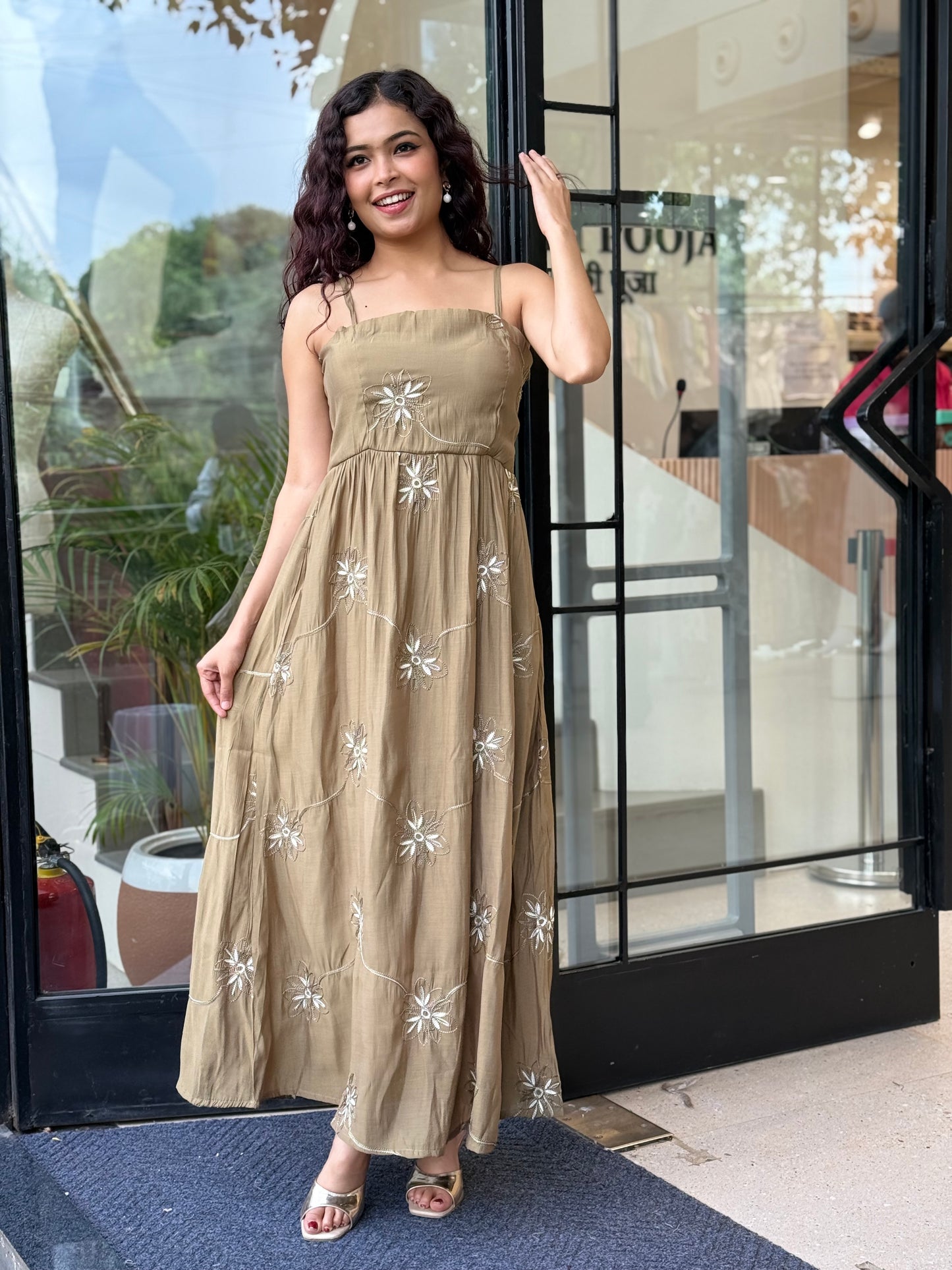 Floral embroidered middy one piece dress