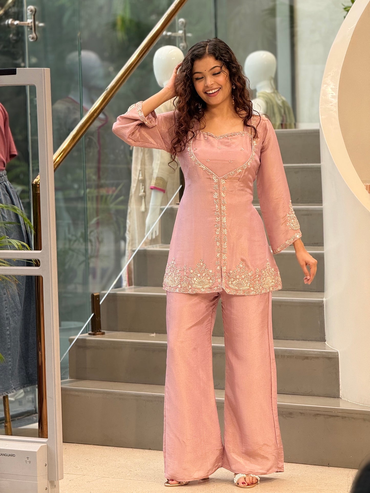 Dusty Pink Handwork Short Kurti Palazzo Set with inner