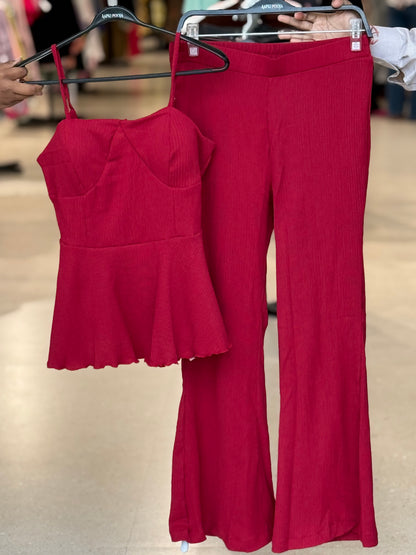 Sweetheart Neck Peplum Top & Flared Pants Co-Ord Set
