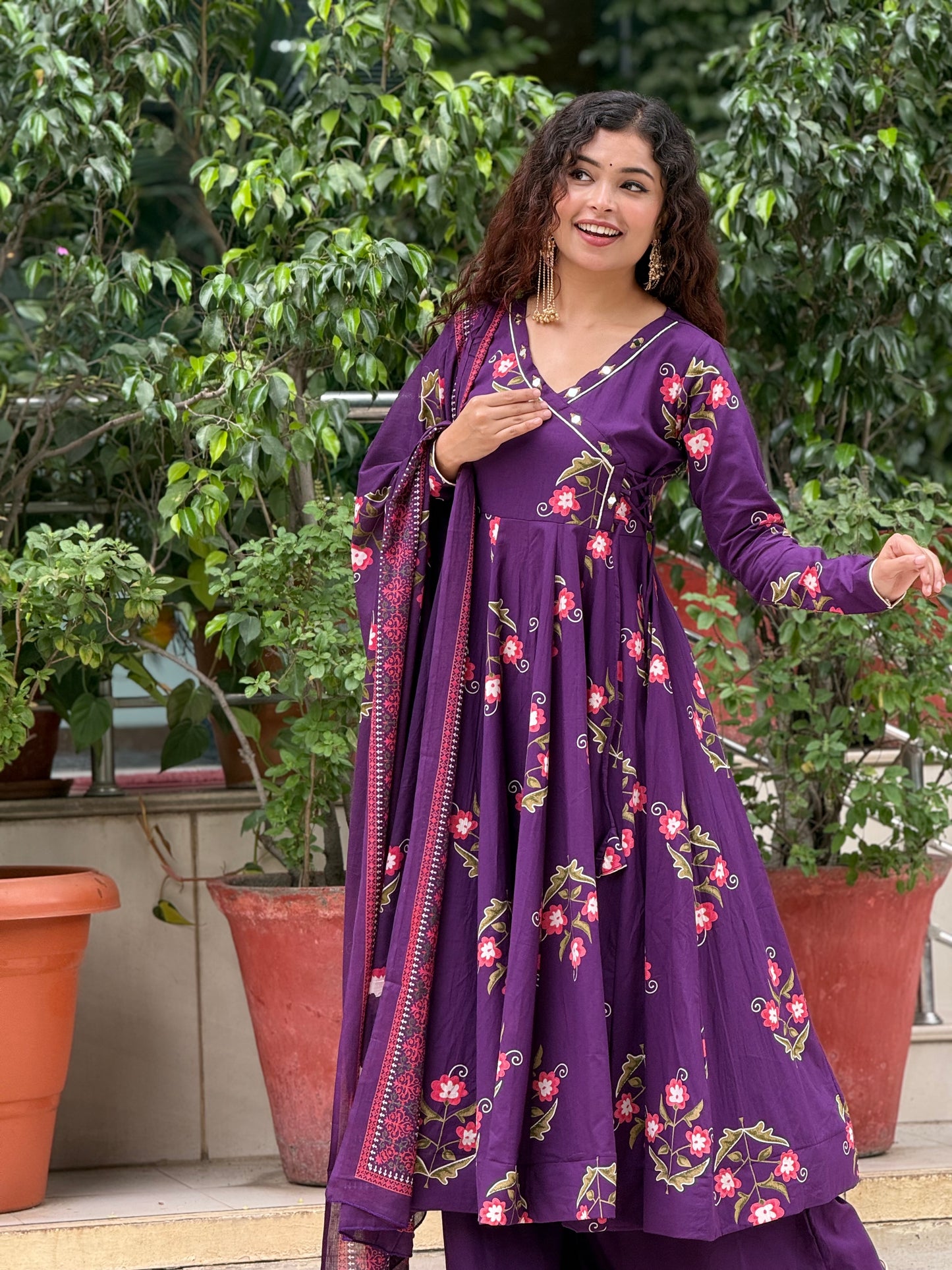 Purple Printed Anarkali Kurta Set with Palazzo & Dupatta
