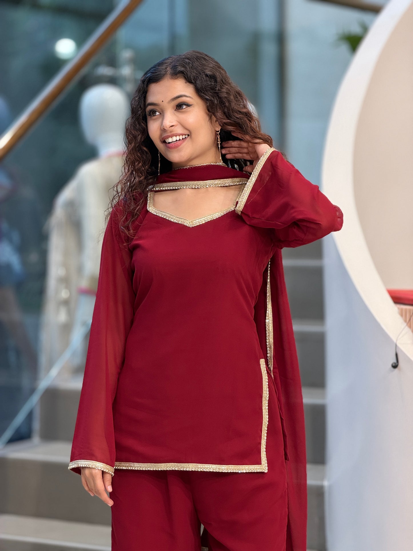 Maroon short kurti plazo 3 piece suit set