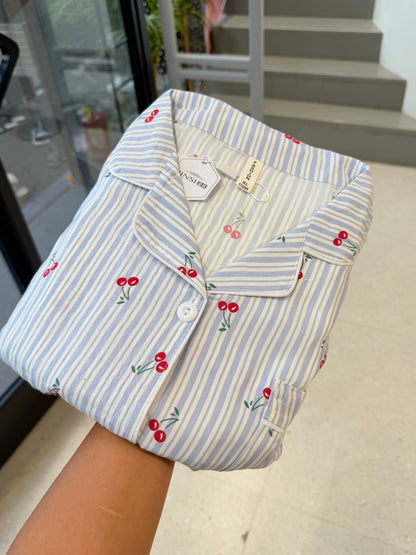 horizontal line with cherry print 3 piece night dress