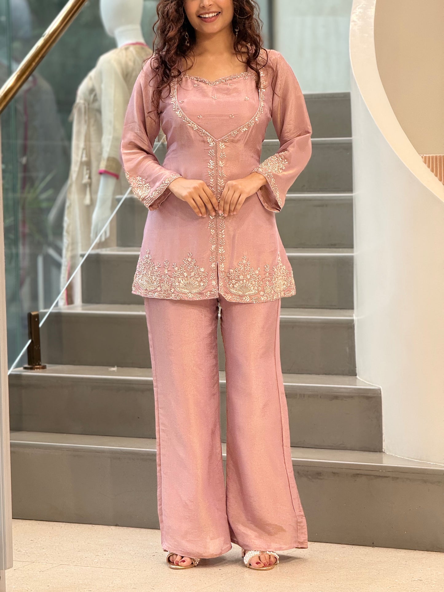 Dusty Pink Handwork Short Kurti Palazzo Set with inner