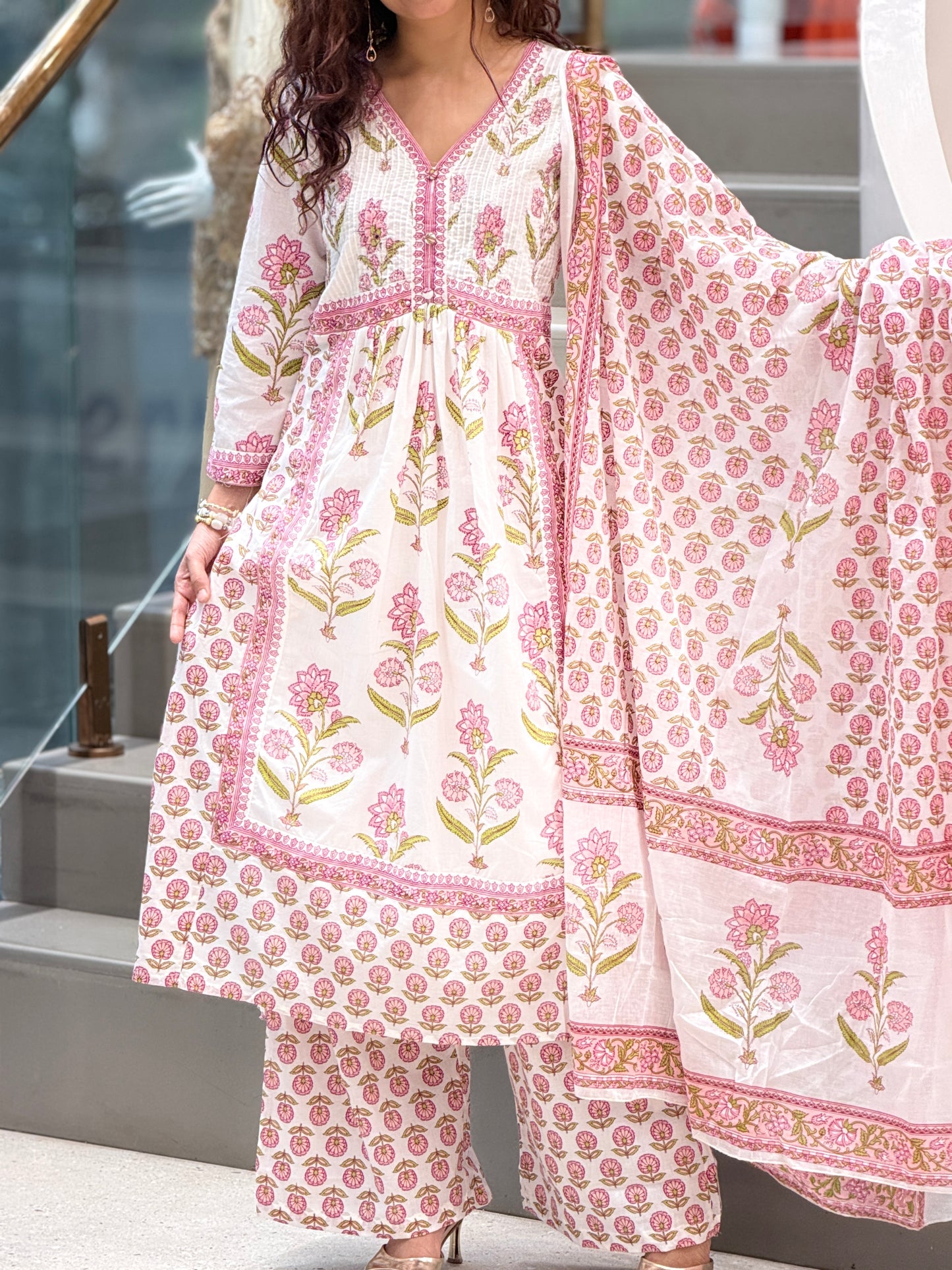 Floral Printed Cotton Suit Set with Dupatta