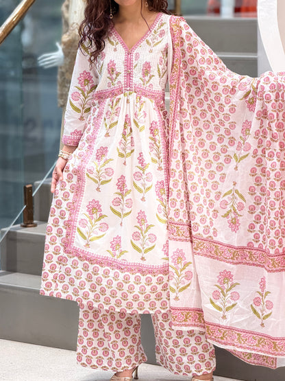 Floral Printed Cotton Suit Set with Dupatta