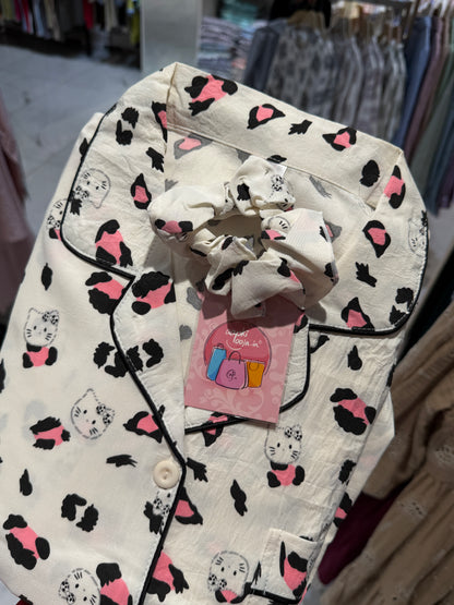 Cute Kitty Print 4-Piece Night Suit Set for Women | Scrunchie + Half Sleeve Shirt + Shorts + Pyjama | Soft & Comfortable Sleepwear