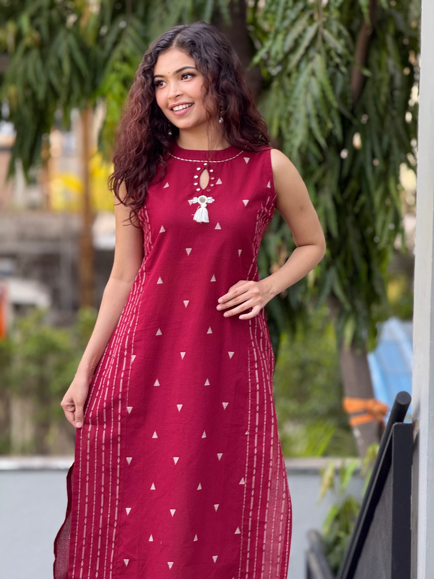 Maroon Pure Cotton Sleeveless Kurta & Pant Set for Women | Elegant Everyday Wear