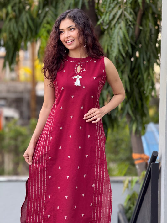 Maroon Pure Cotton Sleeveless Kurta & Pant Set for Women | Elegant Everyday Wear