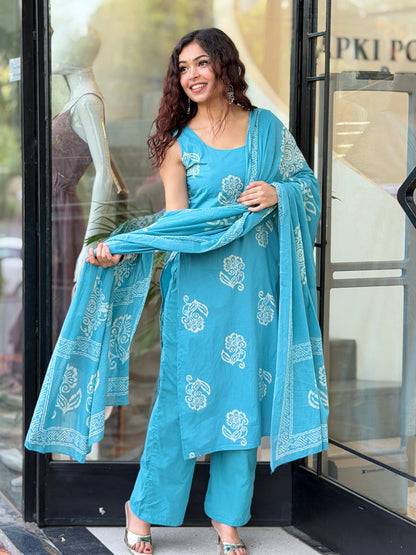 Cotton Printed 3-Piece Suit Set for Women | Kurta, Pants & Dupatta