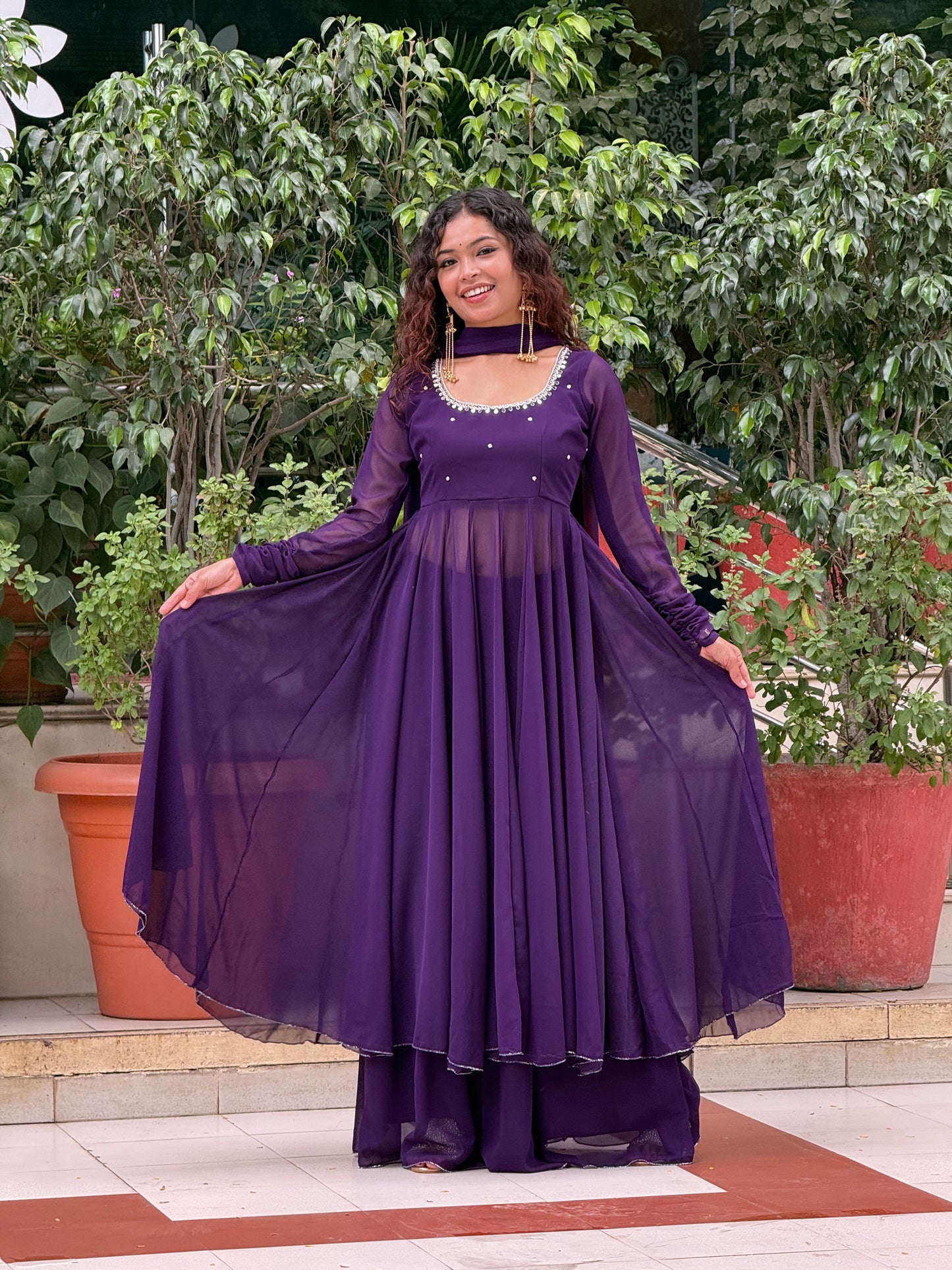 Royal Purple Georgette Anarkali Suit Set with Palazzo & Dupatta