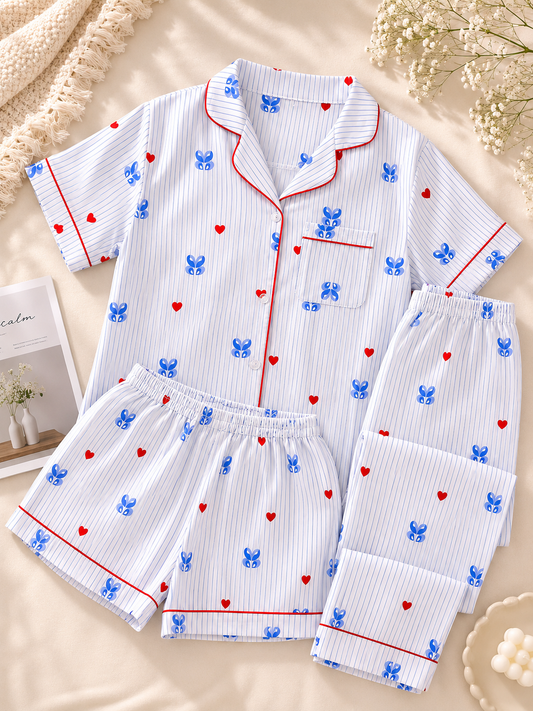 Blue butterfly padded 3 piece night suit