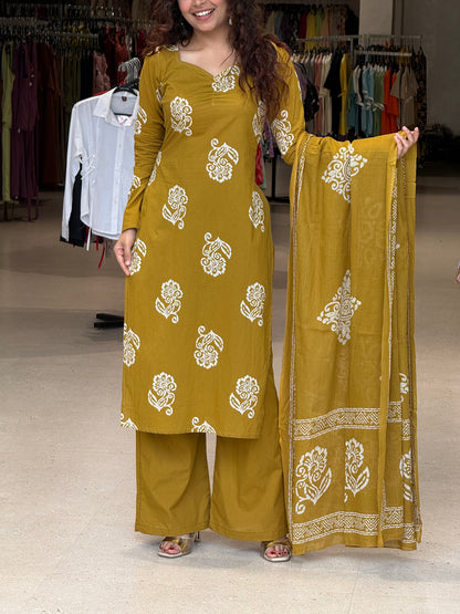 Mustard yellow full sleeves cotton 3 piece suit set