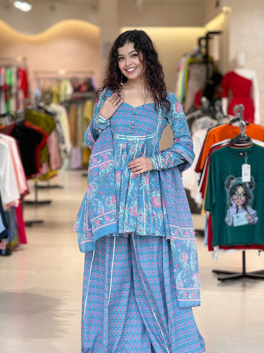 blue peplum crop top and gher plazo with dupatta suit set