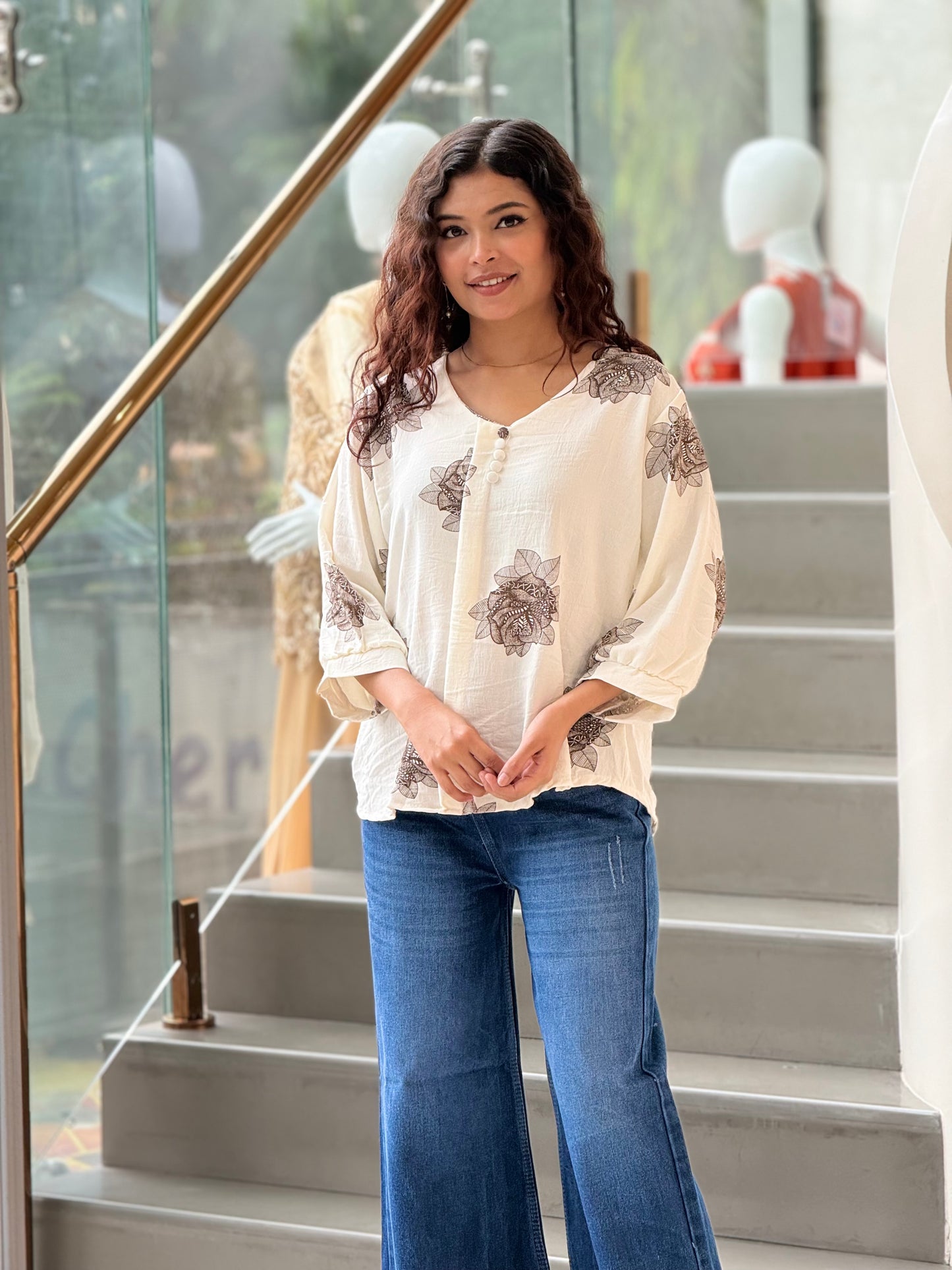 Floral button detail top