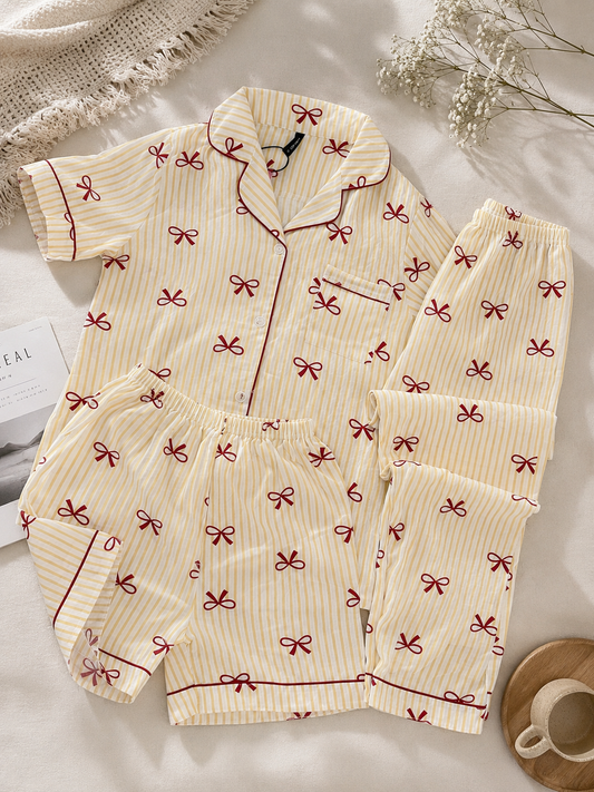 Yellow Vertical lines with bow padded 3 piece night suit set