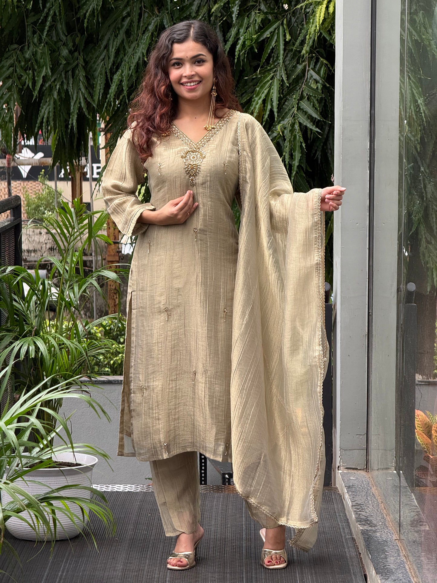 3 piece partywear suit set with neck stone work