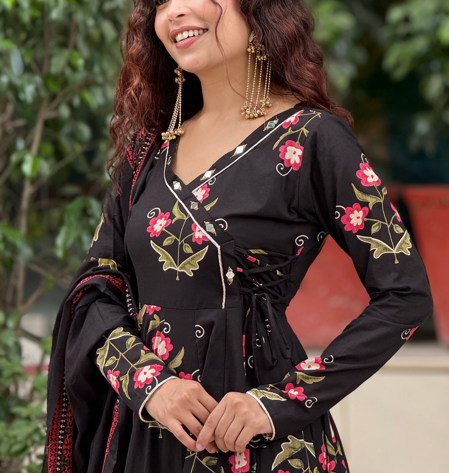 Black Printed Anarkali Kurta Set with Palazzo & Dupatta