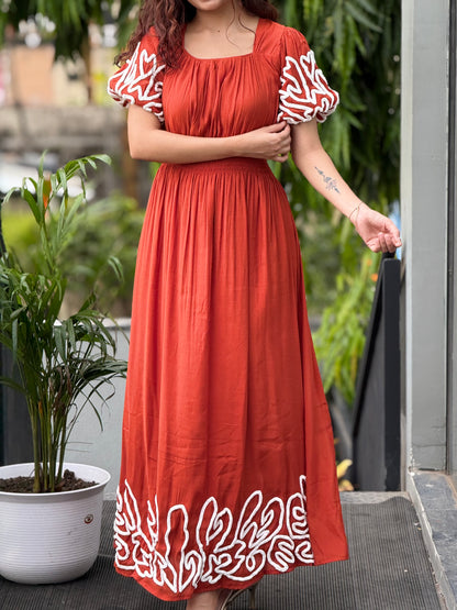 Puff sleeve thread embroidered full length dress