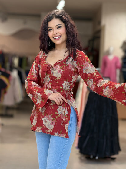 Maroon short kurti with front and side dori