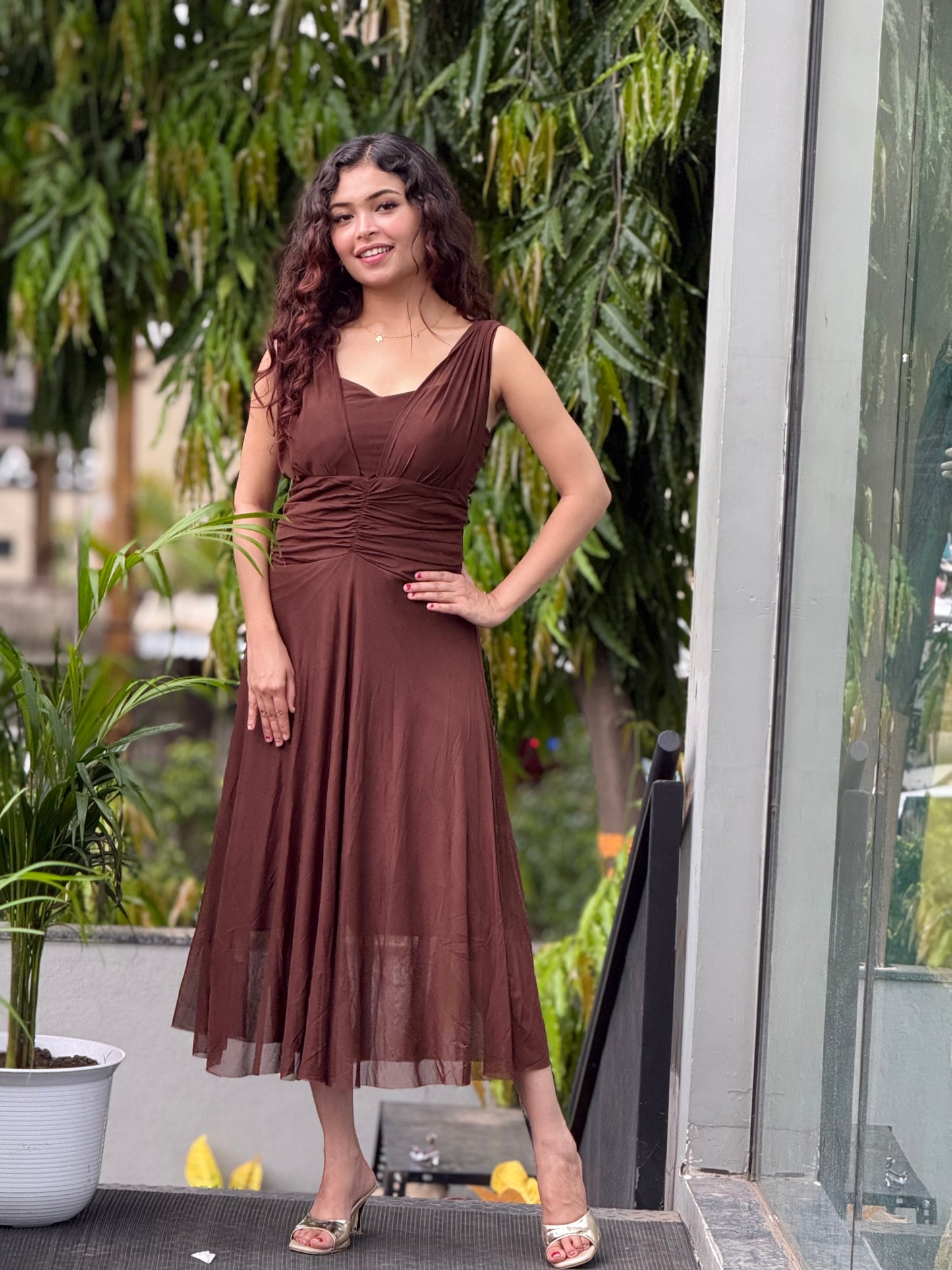 Ruched Mesh Midi Dress