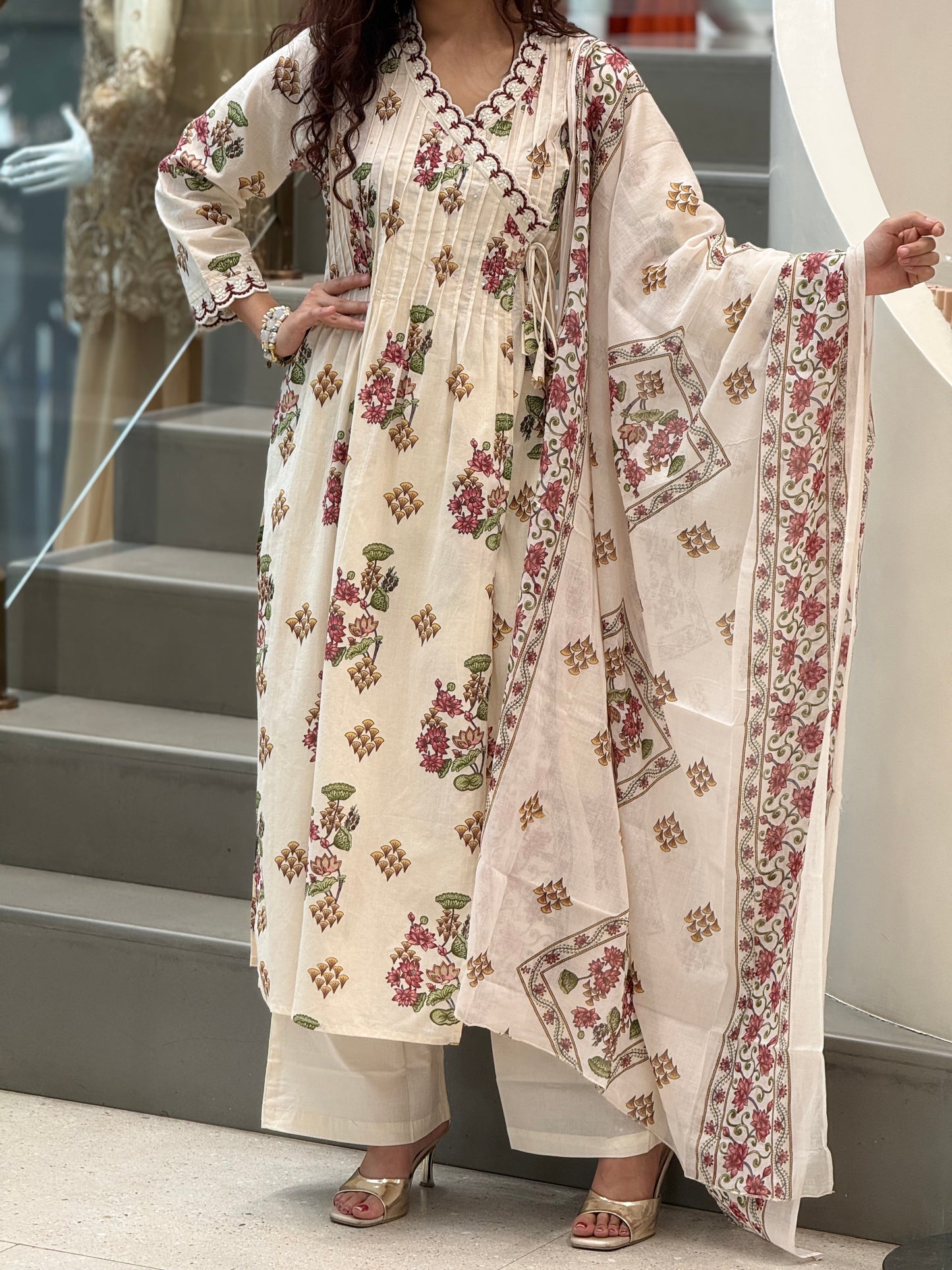 Ivory Floral Printed CottonSuit Set